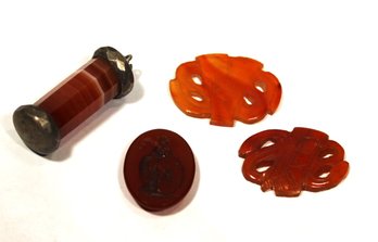 Lot Of Four Pieces Antique Chinese And Continental Carved Carnelian And Agate Jade