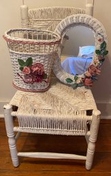 Wicker Chair, Mirror, And Basket