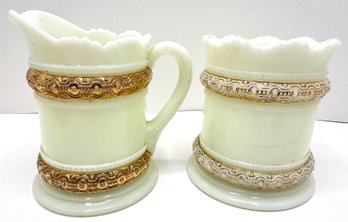 Antique 1901 Heisey Milk Glass Mug & Creamer Set With Gold Accents