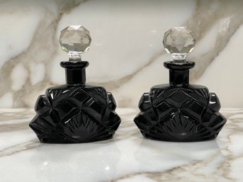 Two Vintage Faceted Black Glass Perfume Bottles