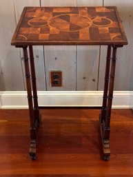 Marquetry Inlay Accent Table With Four Legs On Framed Bottom And Four Ball Base Legs