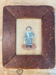 Vintage Mixed Media Art Of Young Boy Wood Frame 5.5x6.5