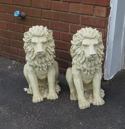 Matching Pair Of Cream Colored Resin Plastic Lion Statues