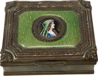 Antique French Limoges Enamel And Green Onyx Jewelry Box 19th Century