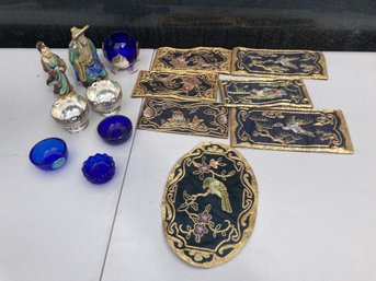 Vintage Asian Lot 7 Numbered Golden Cloud Mats 4 Blue Cups And 3 Silver Type Metal Bowls With 2 Figures