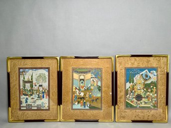 Three Stunning Original Watercolors On Silk, Persian Court Scenes