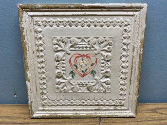 Antique Wood Tile Block With Distressed Paint And Ribbon Heart And Flowers Design. Measures 9' Square.