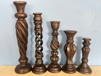 Set Of Turned Wooden Candle Stick Holders