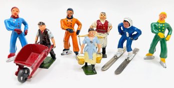 7 Vintage Lead Miniature People Including Skiers, Including Johilco,  Some From England