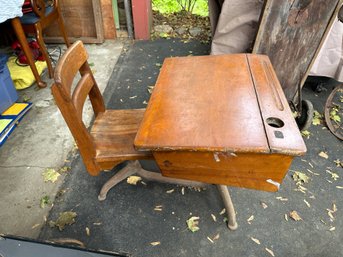 Child's Antique Desk And Attached Chair