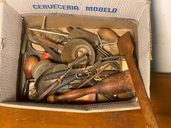 A BOX OF ANTIQUE KITCHEN ITEMS