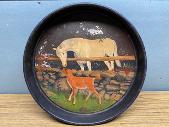 Antique Round Painted Metal Toleware Tray With Horse And Doe. Signed G ANDREWS. May Be Old Painted Beer Tray.