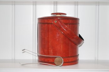 1970's Brown Patent Vinyl Ice Bucket With Lid By George Briard - Includes Vintage Wood/ Metal Tongs