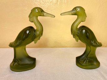 Pair Of Mid Century Cathay Green Glass Cranes