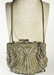 Vintage Micro Glass Beaded Evening Bag Purse In Silver Color