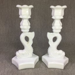 Lovely Vintage WESTMORELAND Milk Glass Koi Fish Candle Holders - Very Pretty Pair - No Damage - NICE !