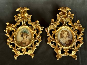 Late 19th Century Baroque Style Miniature Portraits Hand Painted On Porcelain With Giltwood Frames