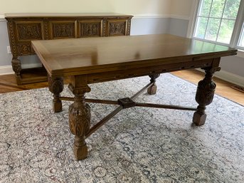 Early 20th C. Oak Carved Jacobean Draw Leaf Extension Dining Table