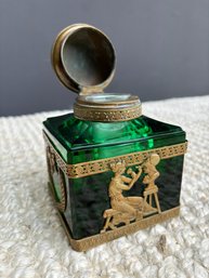 Fine Green Glass & Brass Neoclassical Inkwell  Featuring Athena