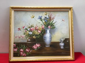 Signed Oil On Board Of Floral Vases