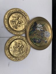 3 Vintage Metal Decorative Plates The Flowers Are Painted On