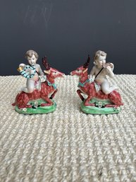 Pair Of Vintage Italian Polychrome Putti Figurines On Stags By Mottahedeh