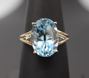 Show Stopping Large Blue Topaz & Diamond Accent 10k Yellow Gold Ring