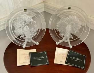 2 Beautiful Hoya Crystal Plates Flower Of The Month ~ Art Engraving Series ~
