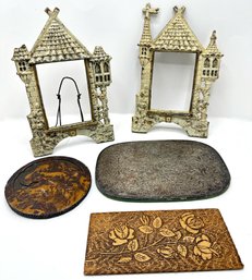 2 Vintage Cast Iron Frames, 2 Wood Carvings & Silverplate Tray