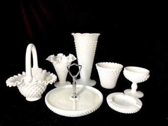 Grouping Of 7 Vintage Hobnail Milk Glass Pieces
