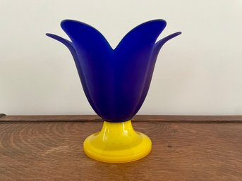 Frosted Cobalt Blue & Yellow Tulip Art Glass Pedestal Vase