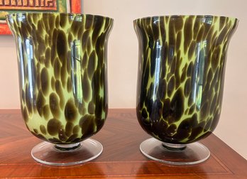 Decorative Pair Of Green And Light Brown Art Glass