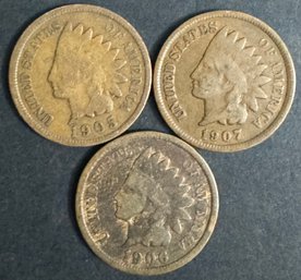 3 Indian Head Pennies 1905, 1906, 1907