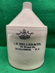 Antique Stoneware Jug. I. N. Heller & Co., 91 Broad St. Elizabeth, - N. J. 13 1/4' Tall. 9 3/16' Base.