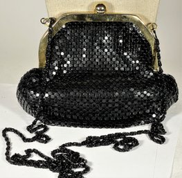 Vintage Black Mesh Gold Tone Frame Evening Bag Purse W Strap