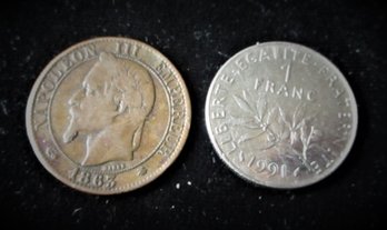 2 French Coins, 1863 5 Centimes, 1991 1 Franc