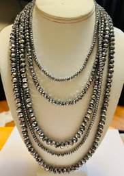 SIGNED PAJ 5 STRAND SILVER TONE FACETED SHINY BEAD NECKLACE