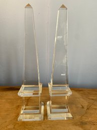 Pair Of Obelisks Crystal Glass 10.25 No Markings