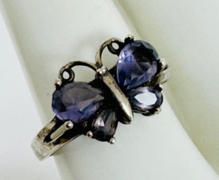 PRETTY PURPLE STONE STERLING SILVER BUTTERFLY RING