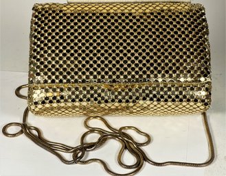 Vintage Jessica Stevens Gold Mesh Clutch Purse Evening Bag With Strap, Measures About 8' Wide.