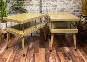 Pair Of Vintage MCM 2 Tier Blonde Accent Tables