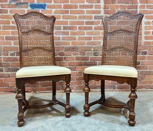 Vintage Pair Ethan Allen Jacobean Style Cane High Back Dining Chairs