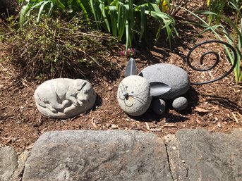 Two Stone Garden Statues - Sleeping Puppy And Whimsical Cat