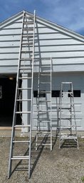 Lot Of 3 Aluminum Ladders 2 Extension/telescoping, 1 Step