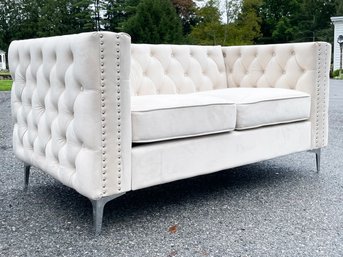 A Glam Modern Tufted Arm Settee In Khaki Microfiber With Nailhead Trim