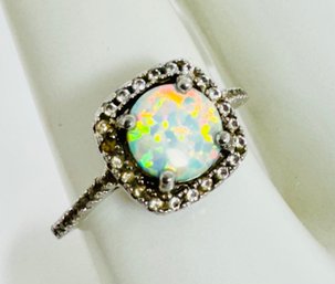 STERLING SILVER OPAL AND WHITE GEMSTONE RING