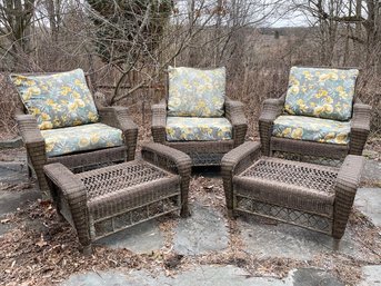 A Trio Of Modern Resin Outdoor Chairs And Two Ottomans (Possibly Martha Stewart)