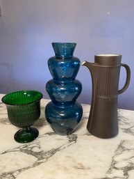 Dansk Flamestone Pitcher Teal Blue Glass Bubble Vase Green Glass Urn Vase