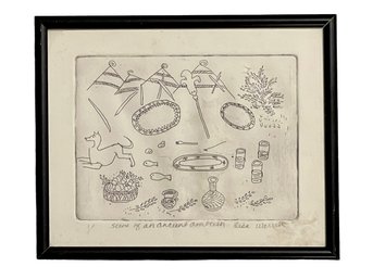 Signed Pen & Ink Drawing By Lisa Warren, Scene Of An Ancient Ambush. Framed Under Glass