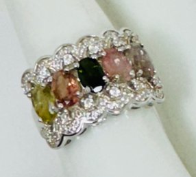 PRETTY WIDE STERLING SILVER MULTICOLORED CZ AND WHITE STONE RING